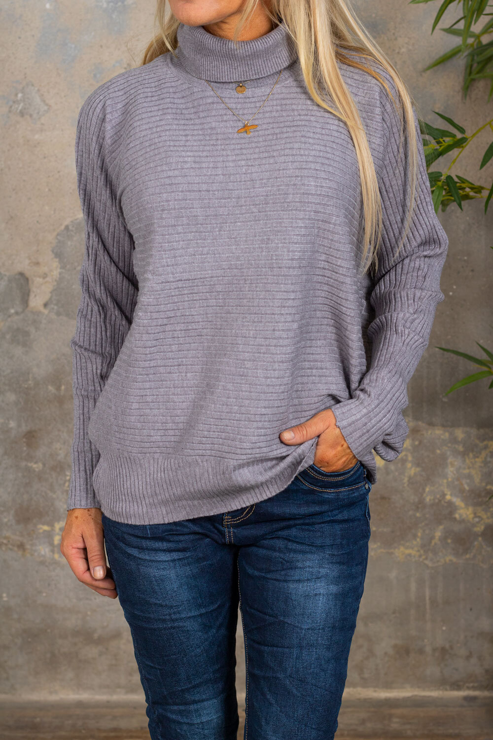 Alice Ribbed Sweater - Polo Collar - Gray