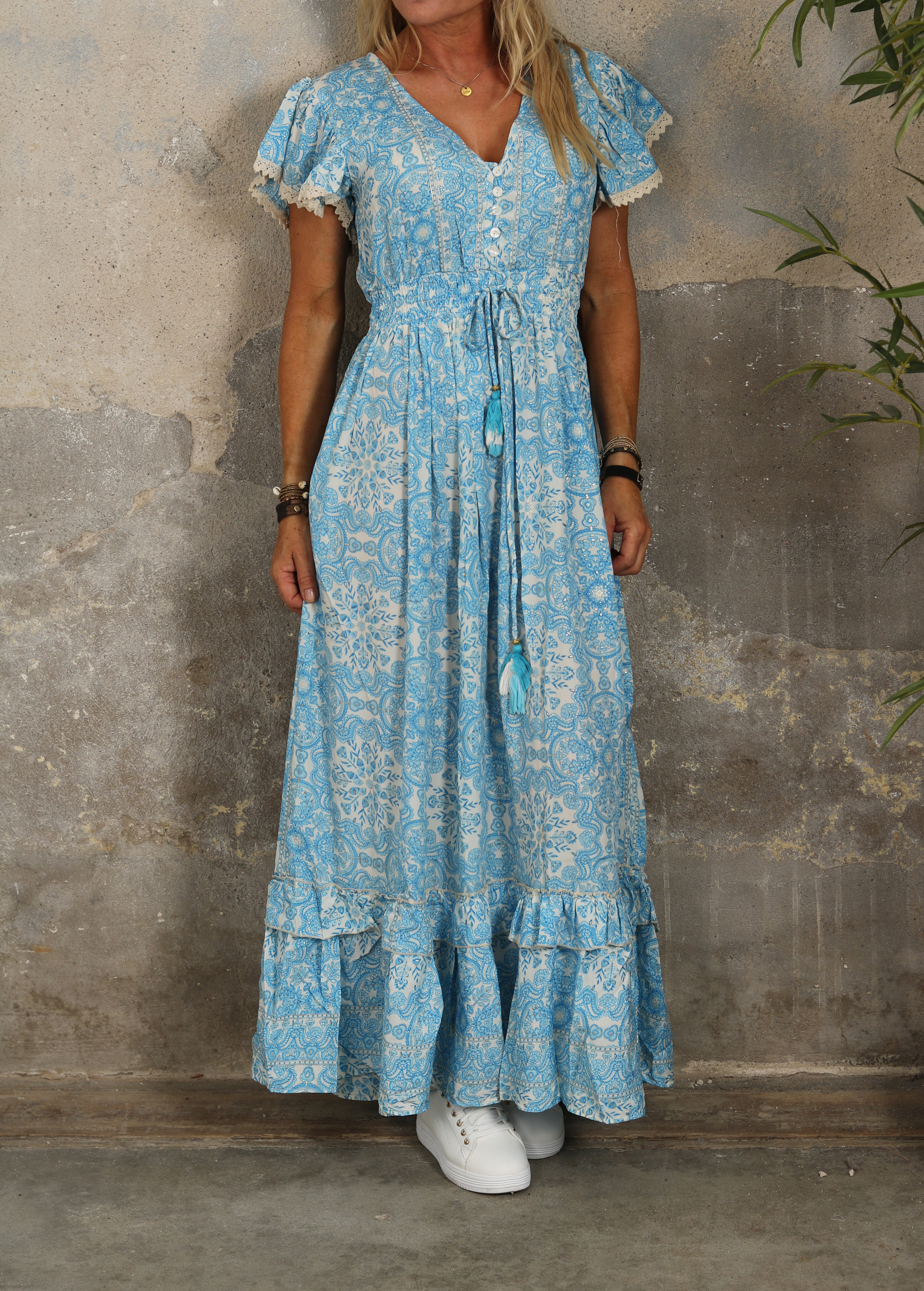 Alicia Long Dress - Floral Pattern - Blue