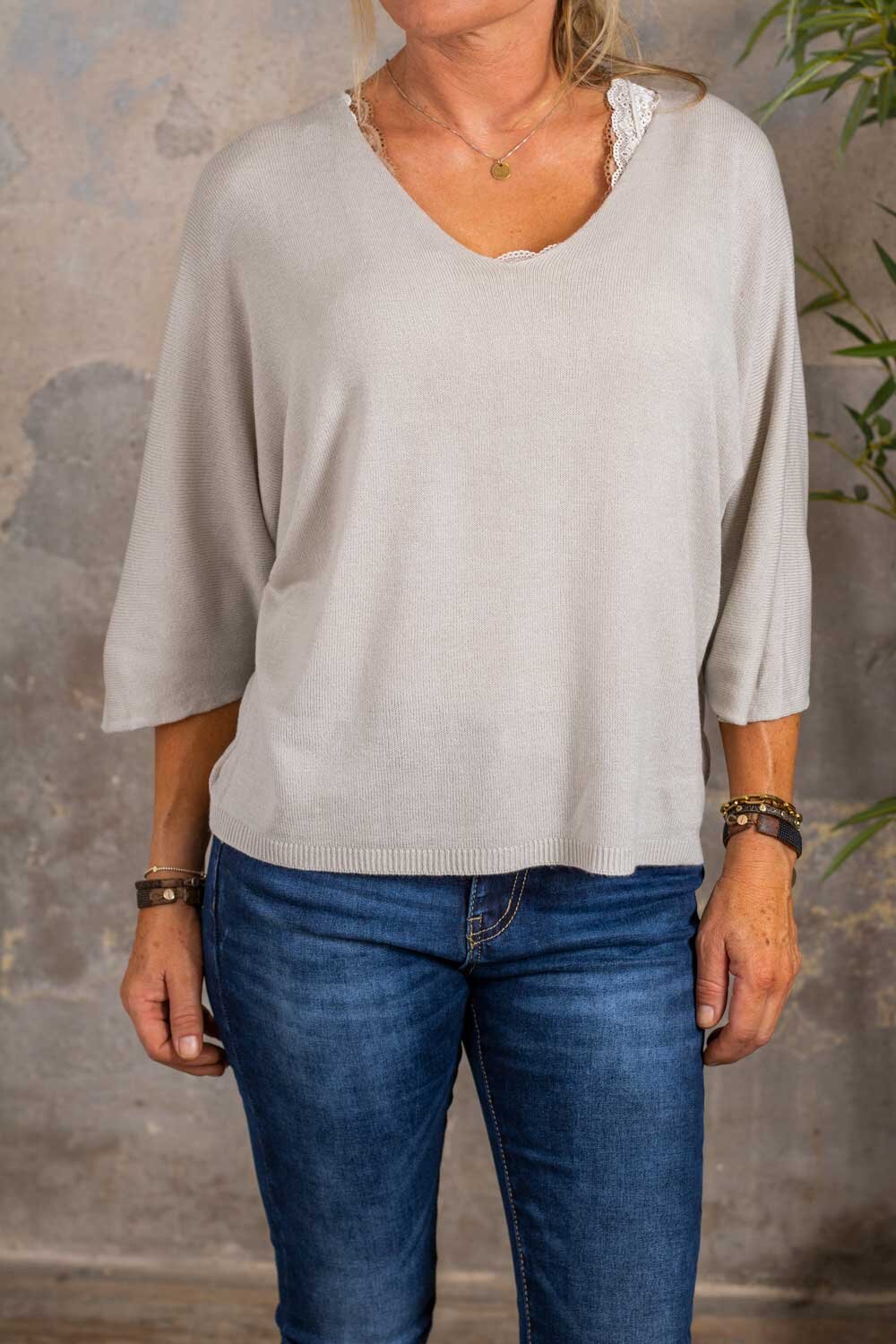 Alva Thin knit sweater - Three-quarter sleeve - Sand
