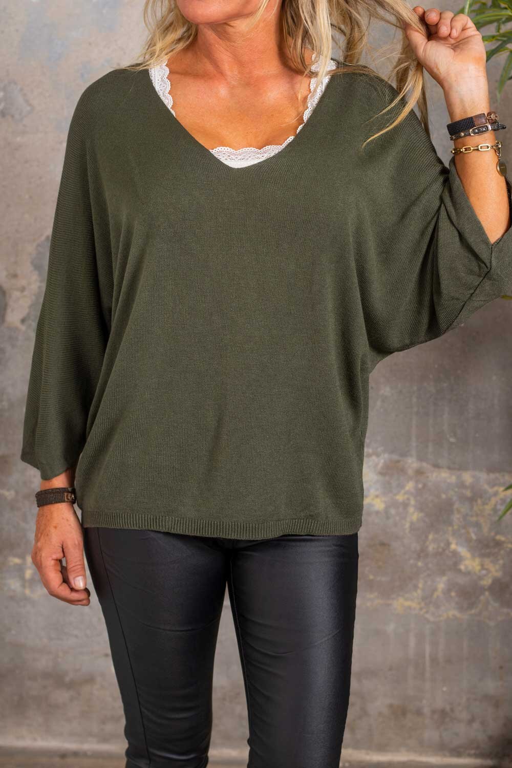 Alva Thin knit sweater - Three-quarter sleeve - Army green