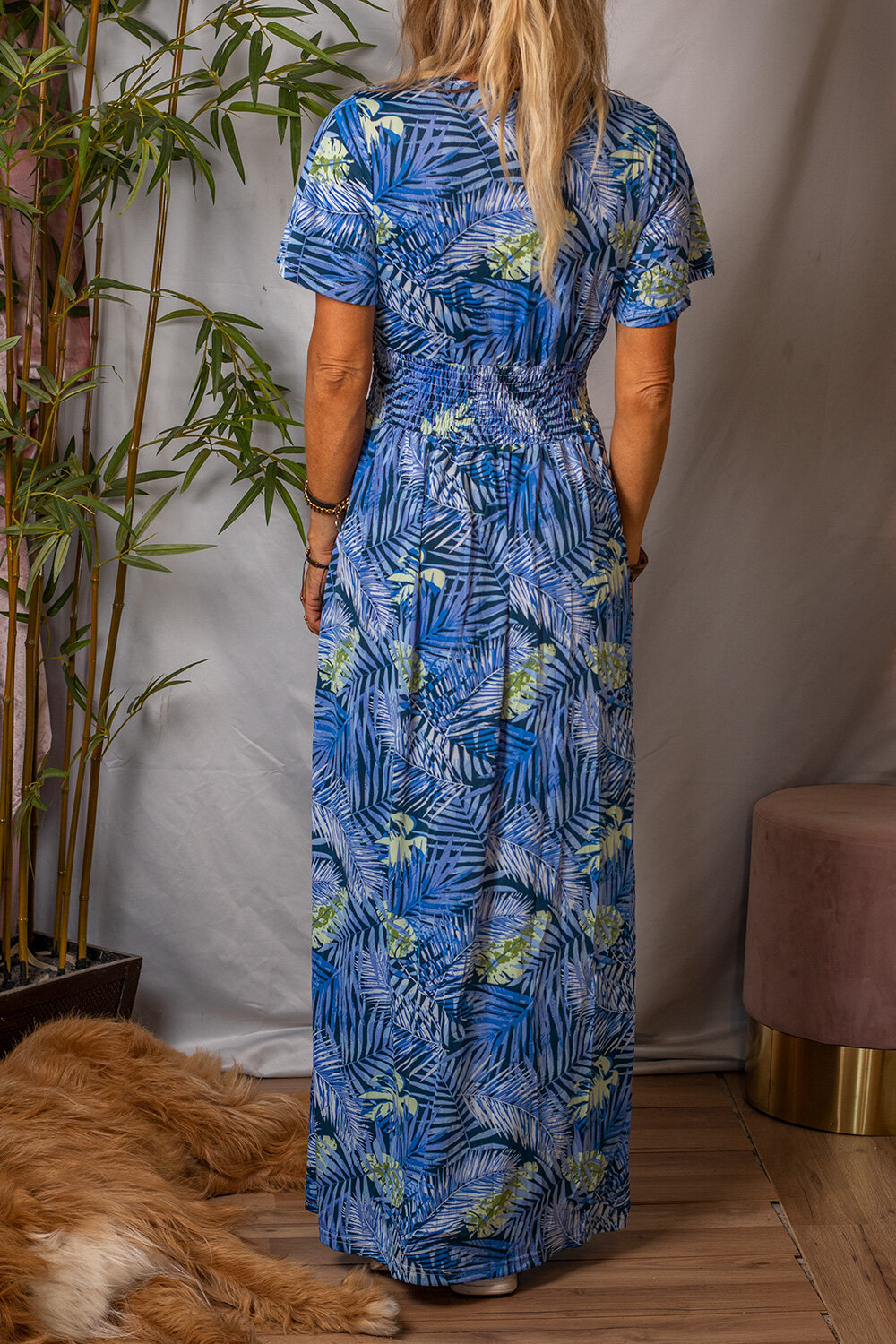 Cynthia Long soft dress - Leaf pattern - Blue