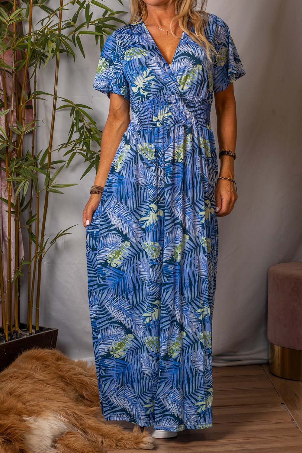 Cynthia Long soft dress - Leaf pattern - Blue
