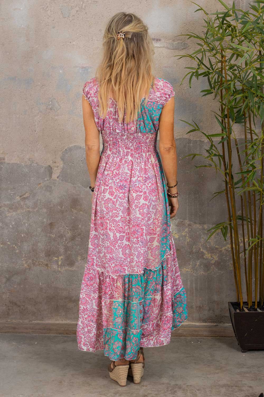 Estella dress - Floral pattern - Teal/Pink