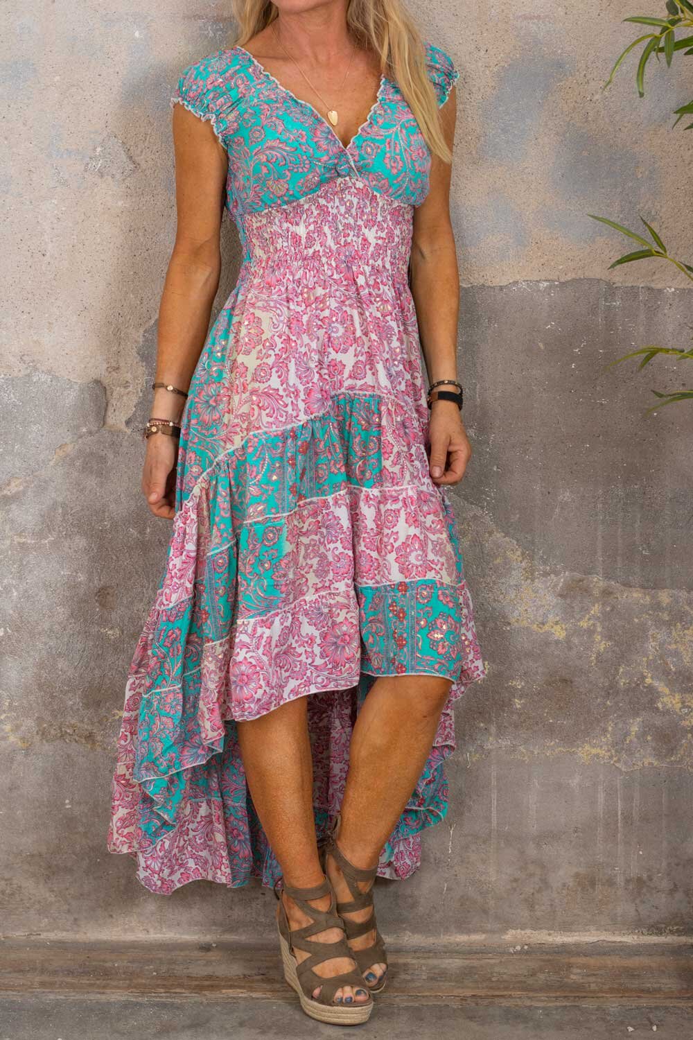 Estella dress - Floral pattern - Teal/Pink