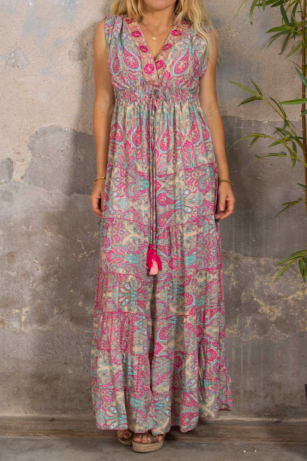 Evelyn Long Dress - Patterned & Embroidery Edge - Cerise/Blue