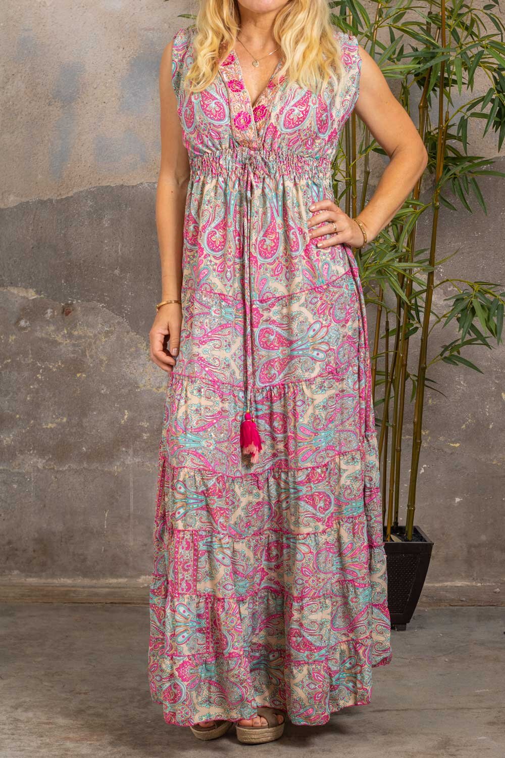 Evelyn Long Dress - Patterned & Embroidery Edge - Cerise/Blue
