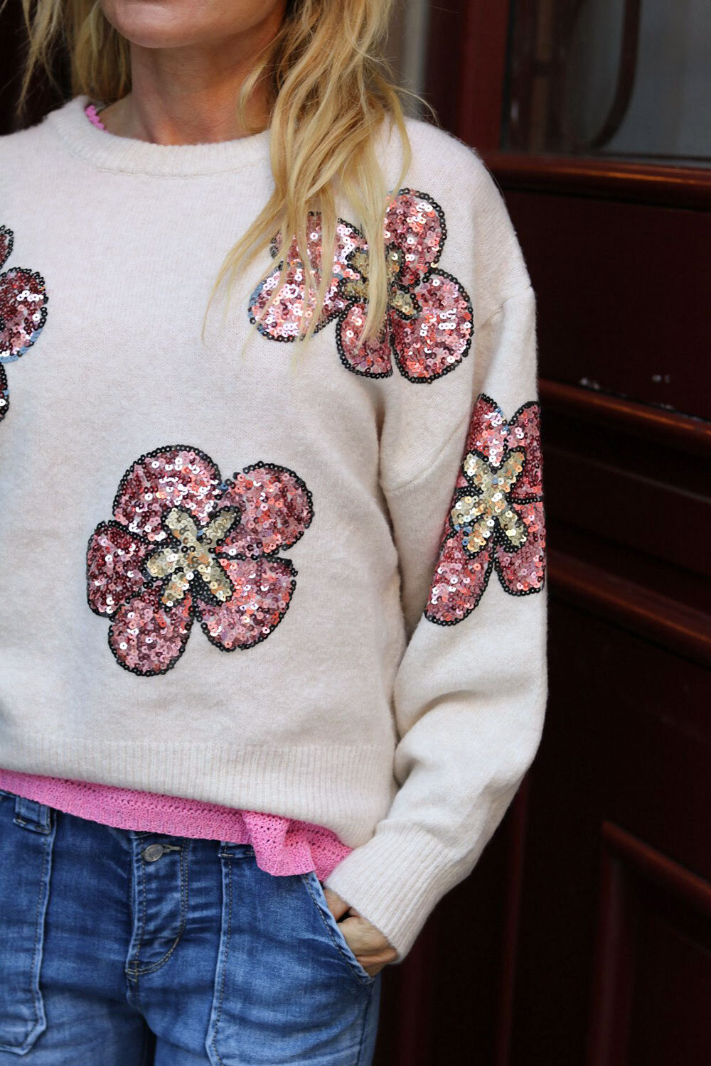 Gloria Knitted sweater - Sequin flowers - Beige