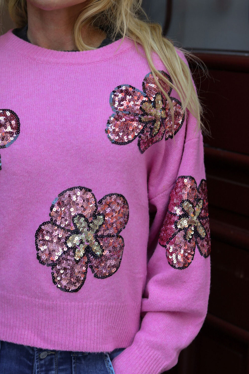 Gloria Knitted sweater - Sequin flowers - Cerise