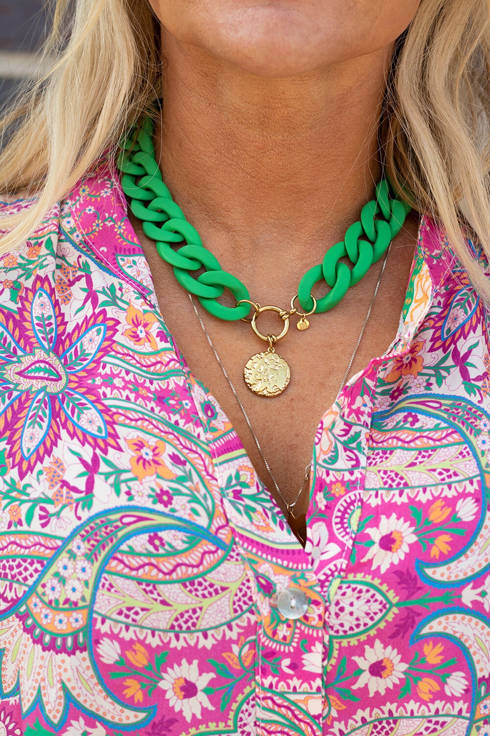 Necklace - Wide chain - Green