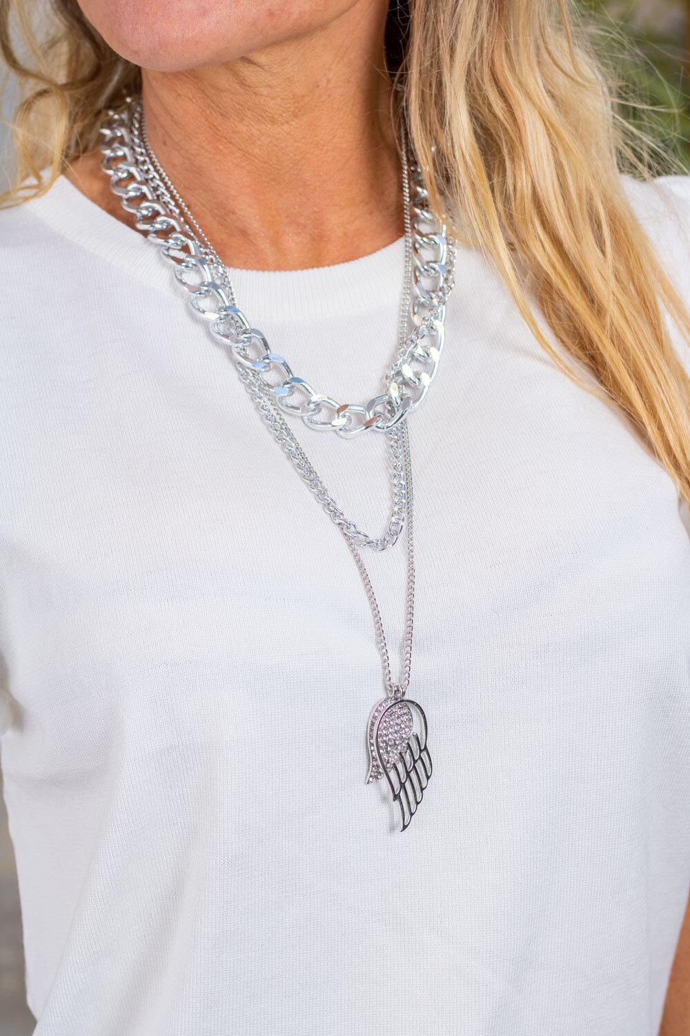 Necklace set - Wide chain - Angel wing - Silver