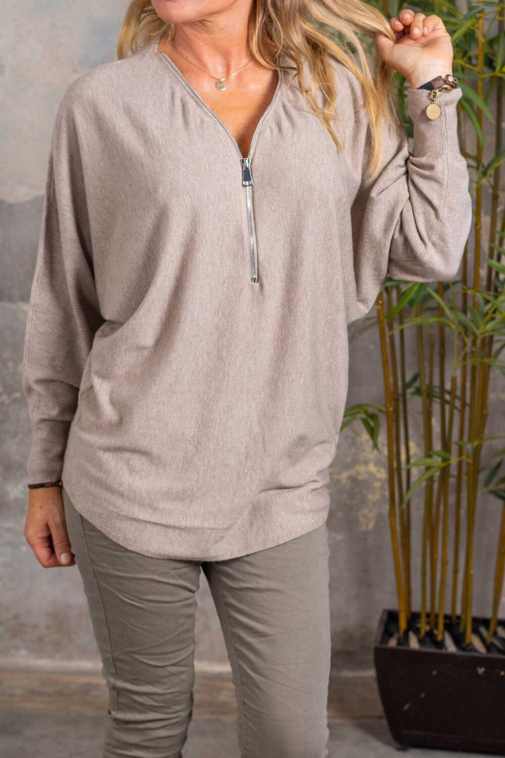 Katy - Zip Up Sweater - Taupe