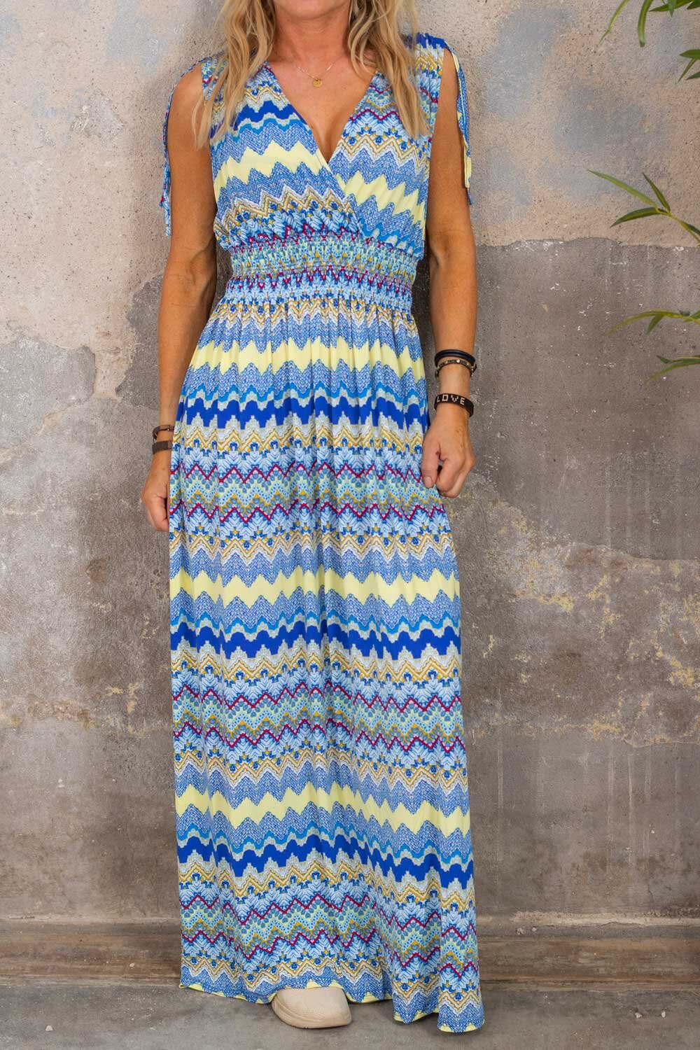Long soft dress - Zigzag pattern - Blue / Yellow