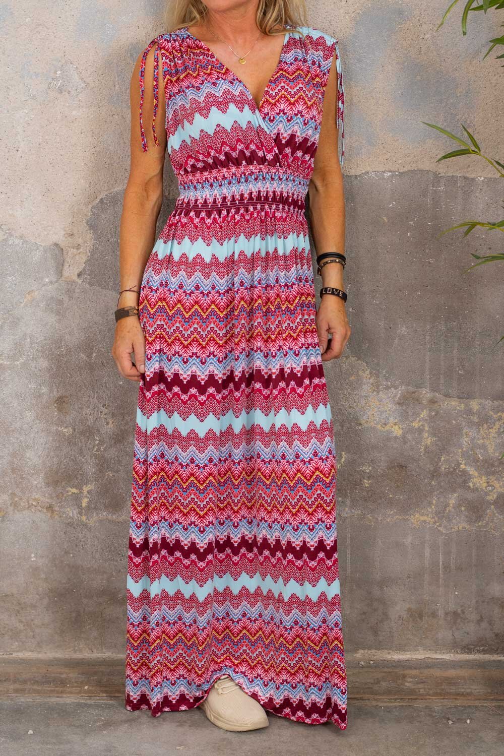 Long soft dress - Zigzag pattern - Red/Blue