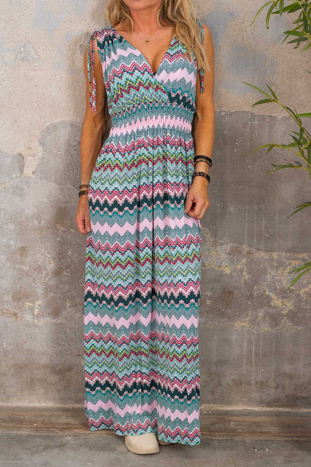 Long soft dress - Zigzag pattern - Pink/Green