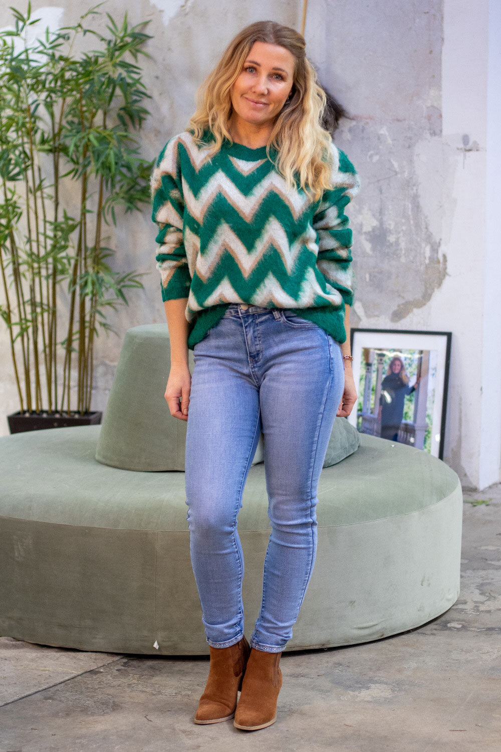 Larisa Knitted sweater - Zigzag - Green/Cream
