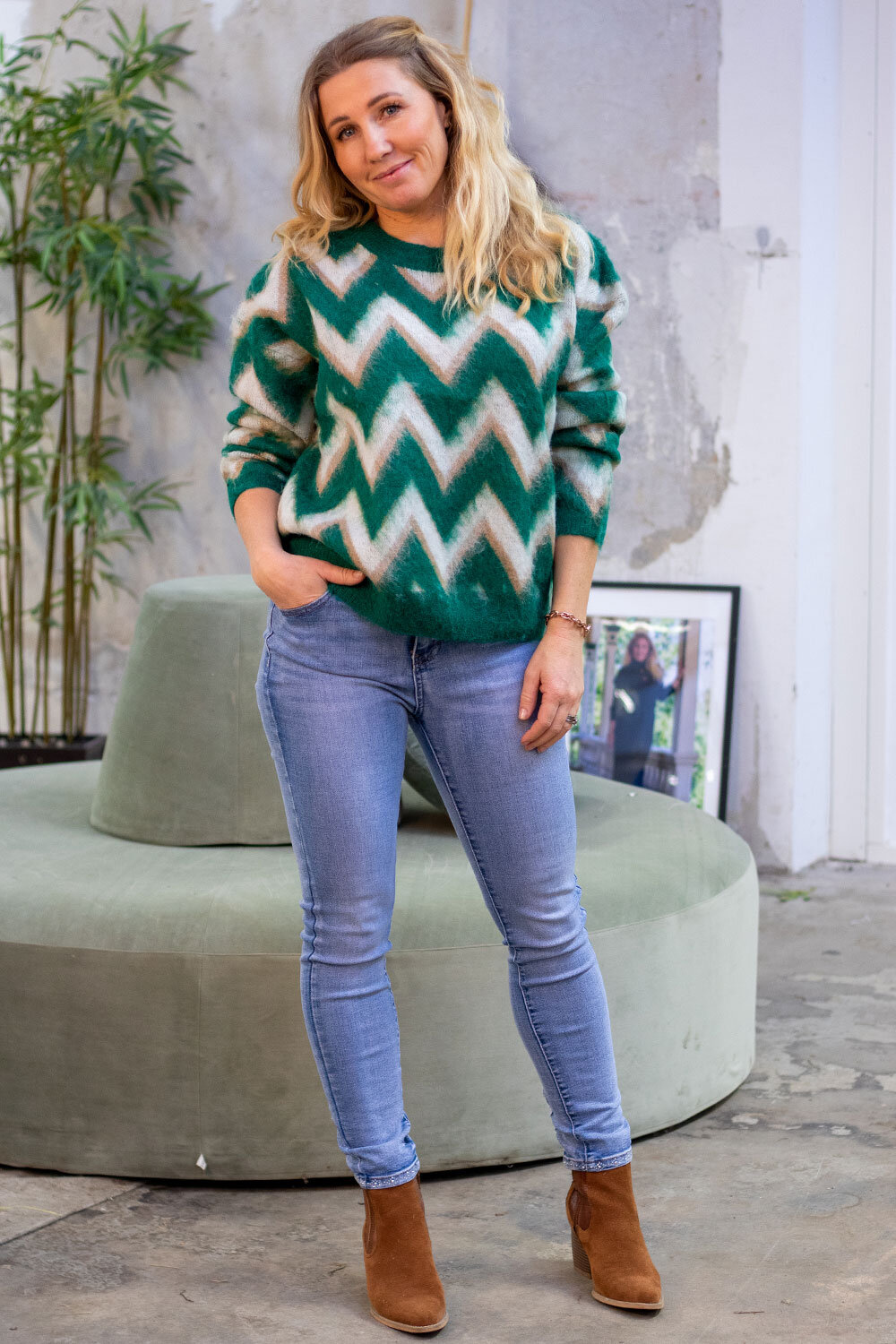 Larisa Knitted sweater - Zigzag - Green/Cream