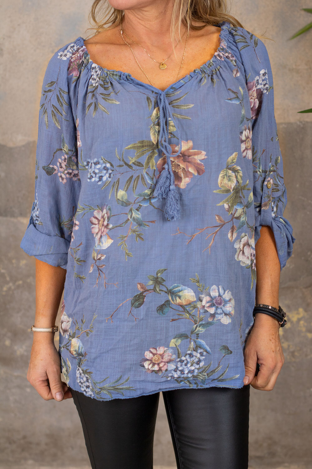 Mimi - Floral Tunic with Tie - Blue