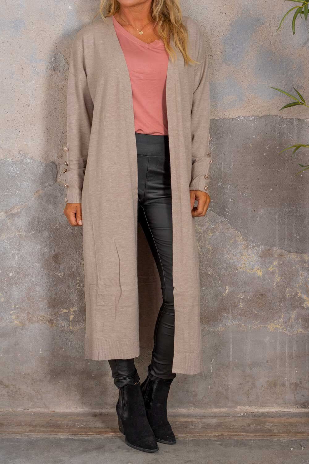 Phoebe Long Cardigan - Buttons - Taupe