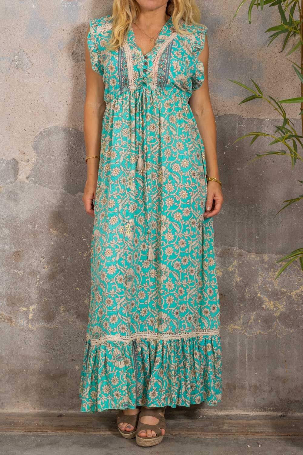 Sadie Long Dress - Floral Pattern - Aqua