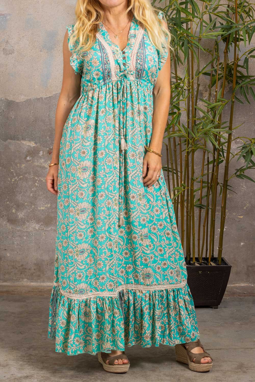 Sadie Long Dress - Floral Pattern - Aqua