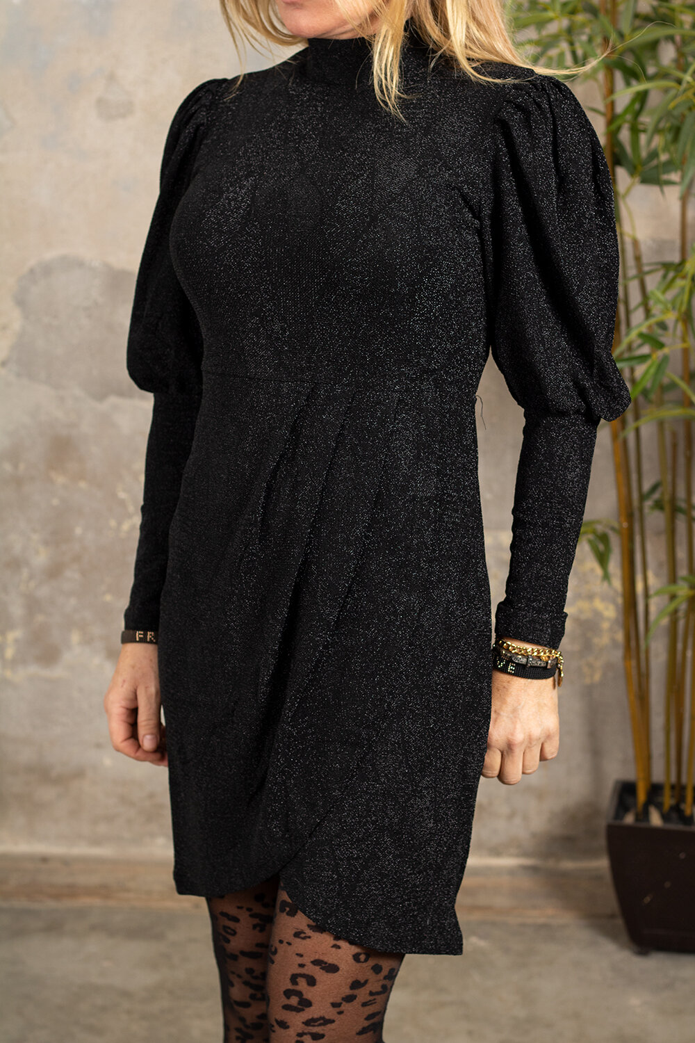 Sharon Patterned Glitter Dress - Black