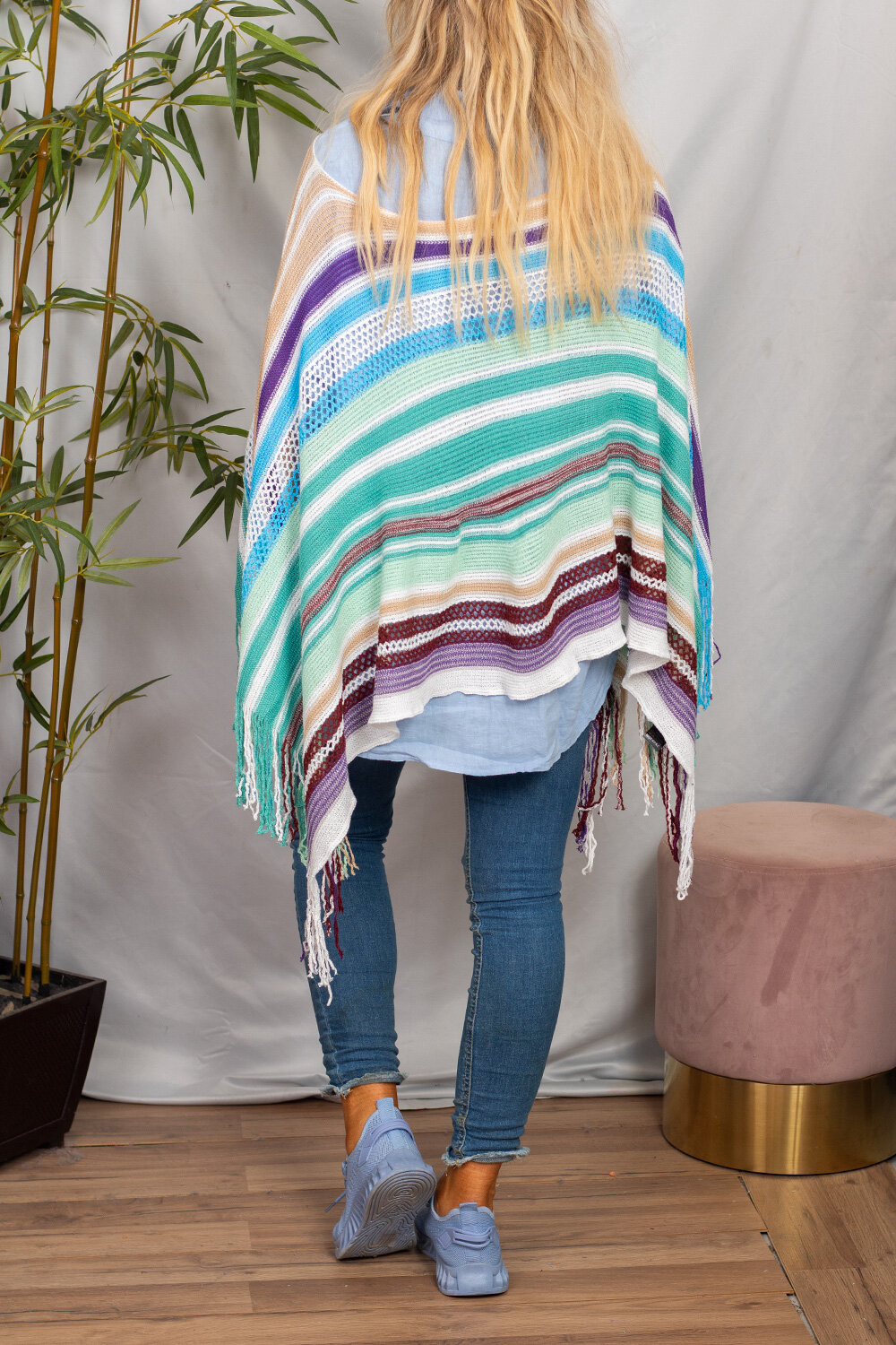 Knitted striped poncho - Green