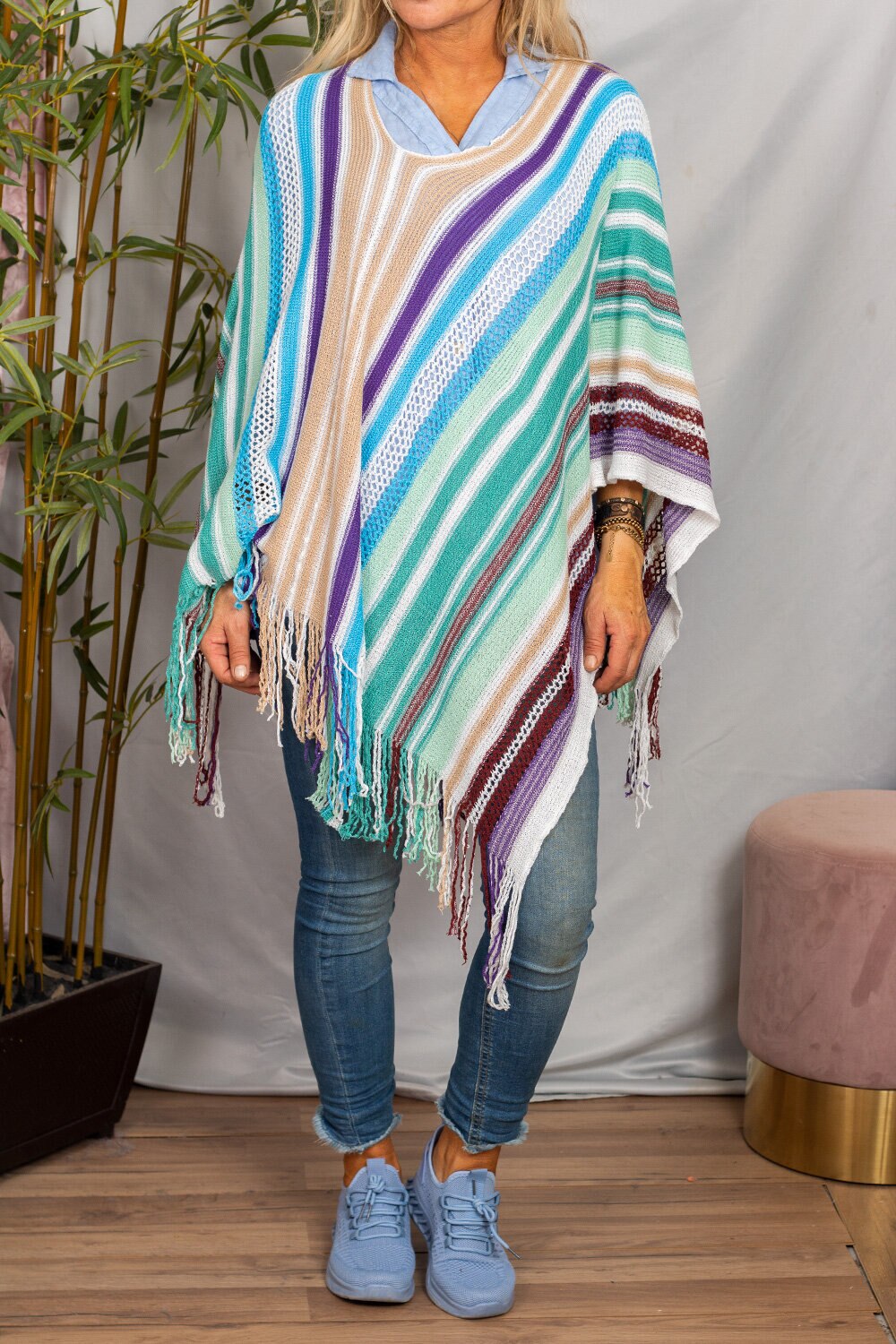 Knitted striped poncho - Green