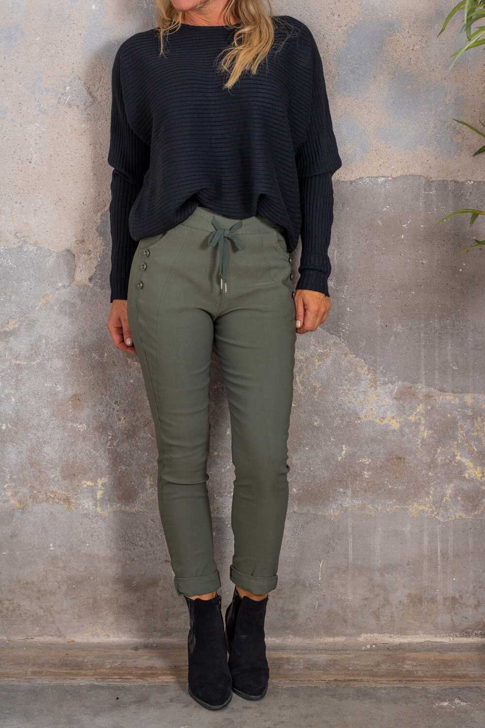 Stretch Pants with Buttons - Khaki