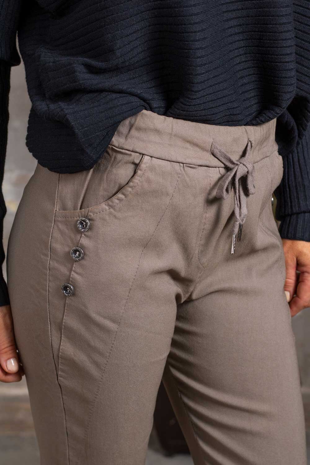 Stretch Pants with Buttons - Taupe