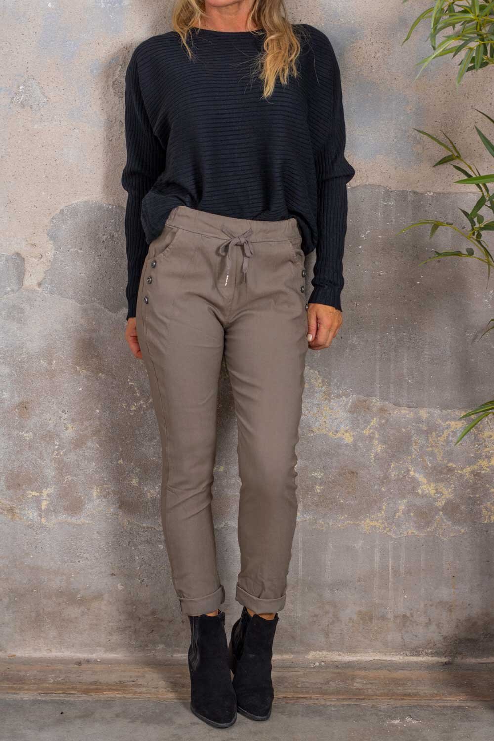 Stretch Pants with Buttons - Taupe