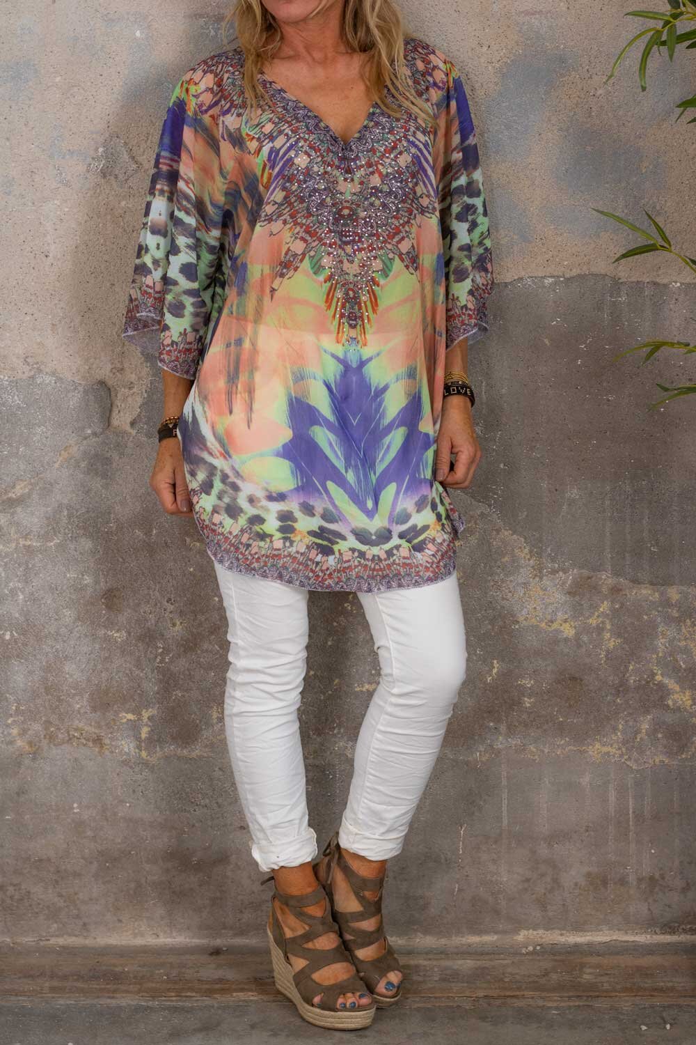 Pam Beach Tunic - Patterned & Bling - Green/Blue