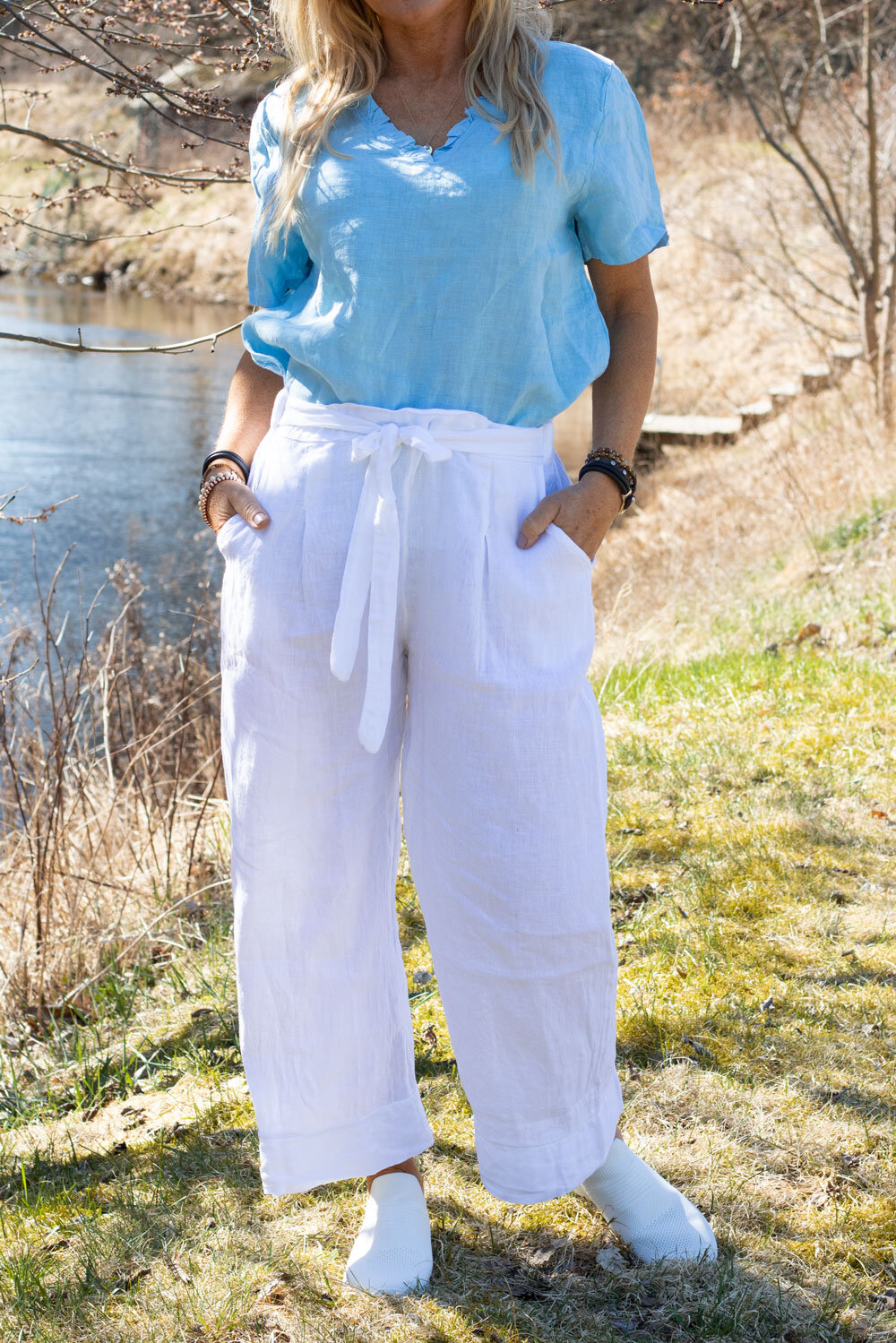 Linen trousers - Tie belt - White
